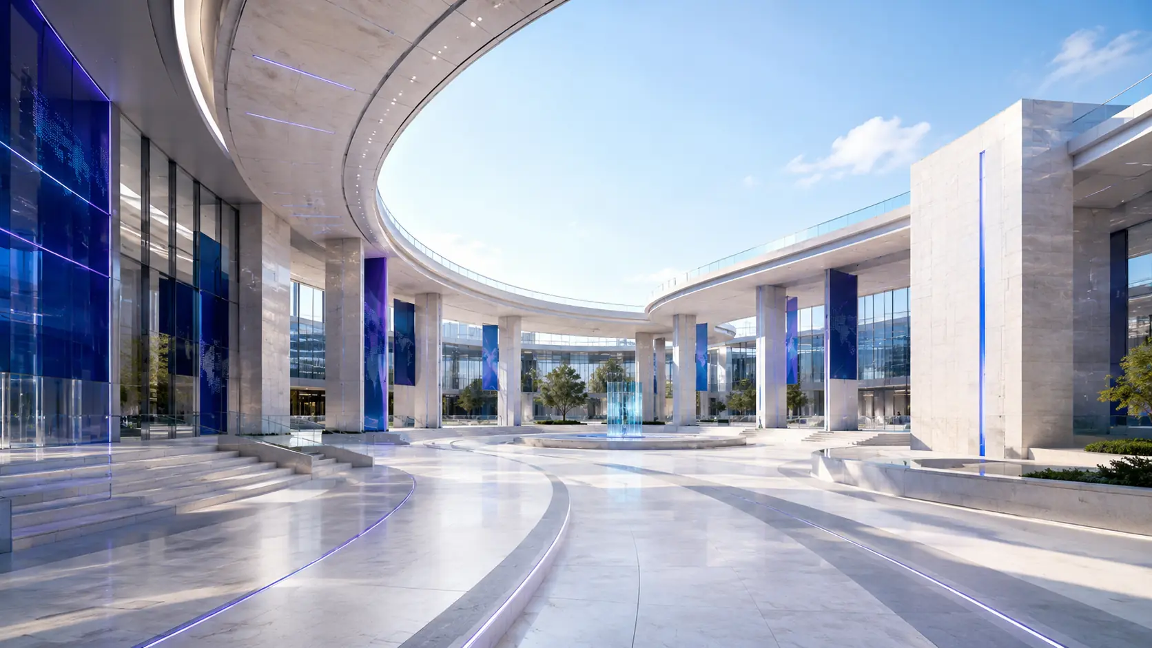 An open institutional space with pathways converging toward a shared centre