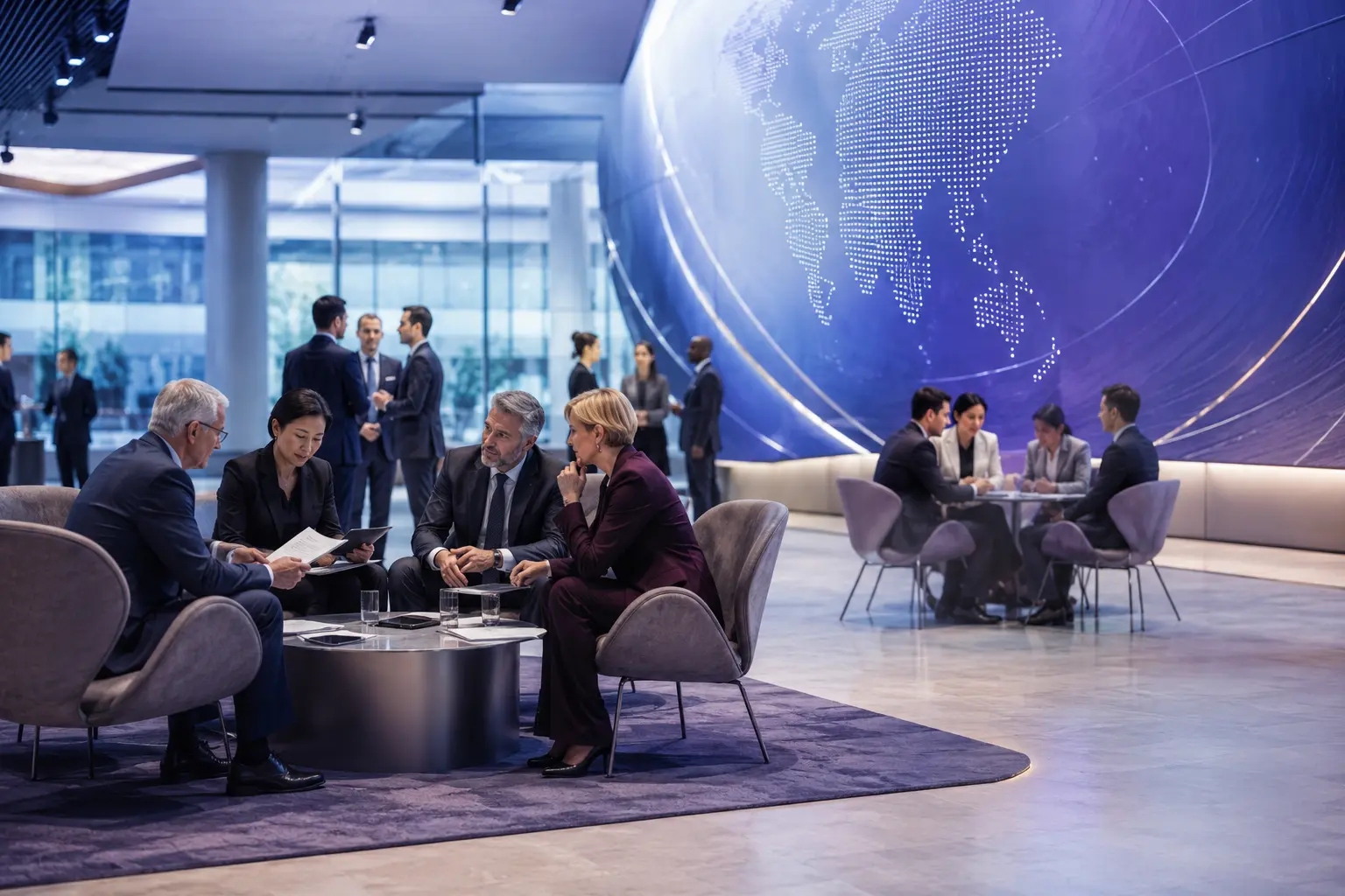 International representatives working together around a shared table