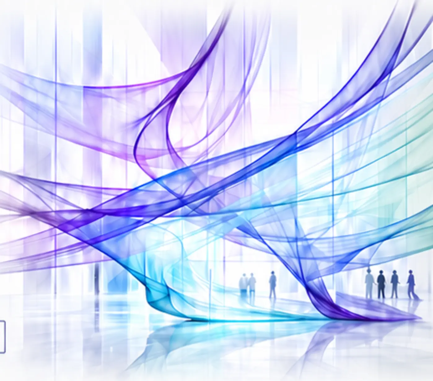 Luminous violet, blue and cyan forms flowing through a shared public space