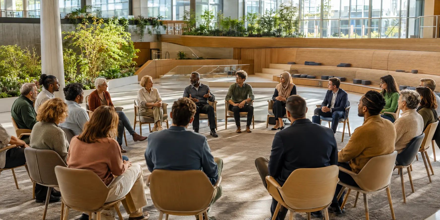 A diverse international group taking part in an open civic assembly