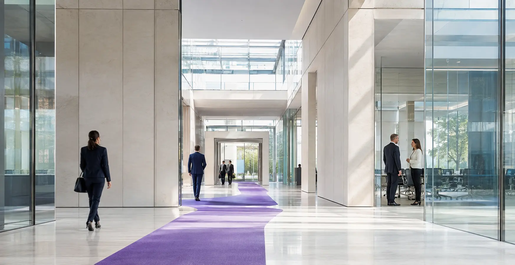 Professionals walking through a light-filled institutional building along a violet pathway